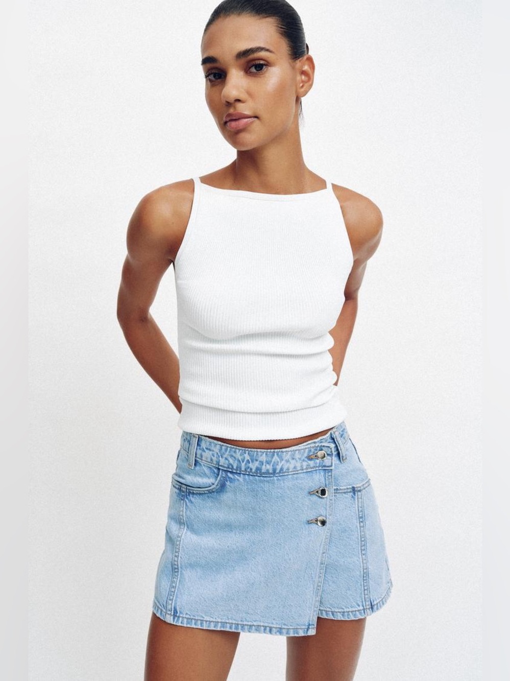 Zara | 100% Cotton Light Blue Denim Button Skort Short Skirt | Sz L
